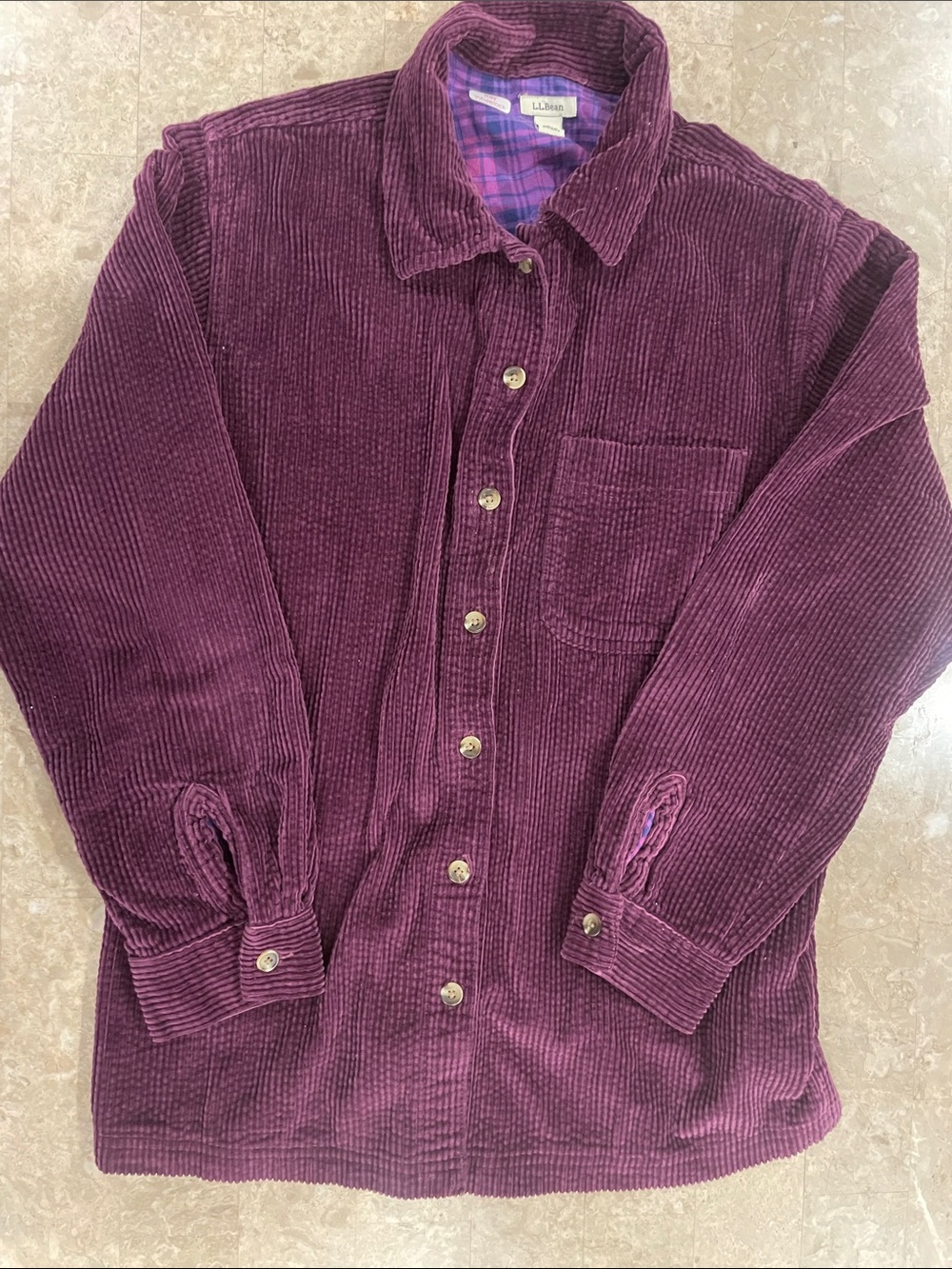 Eggplant L.L.Bean Corduroy Utility flannel lined shacket button up, cozy 100 cot